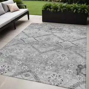 Photo of Gray Charcoal And Silver Floral Washable Indoor Outdoor Area Rug