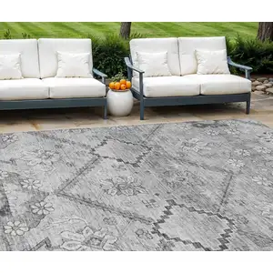 Photo of Gray Charcoal And Silver Floral Washable Indoor Outdoor Area Rug