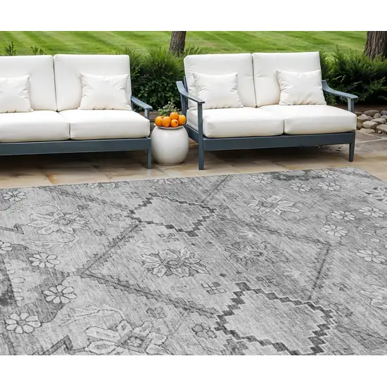 Gray Charcoal And Silver Floral Washable Indoor Outdoor Area Rug Photo 1