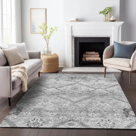 Gray Charcoal And Silver Floral Washable Indoor Outdoor Area Rug Photo 9