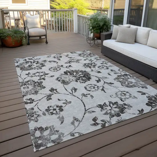 Gray Charcoal And Silver Floral Washable Indoor Outdoor Area Rug Photo 8