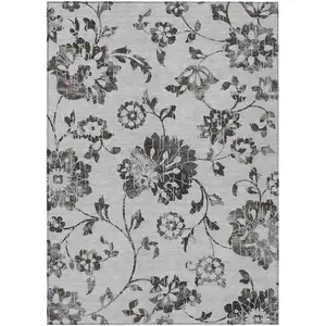 Photo of Gray Charcoal And Silver Floral Washable Indoor Outdoor Area Rug