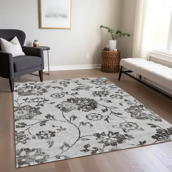 Gray Charcoal And Silver Floral Washable Indoor Outdoor Area Rug Photo 9