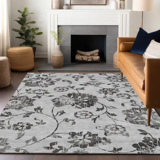 Gray Charcoal And Silver Floral Washable Indoor Outdoor Area Rug Photo 8