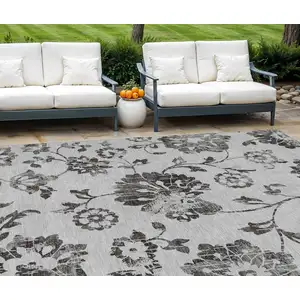 Photo of Gray Charcoal And Silver Floral Washable Indoor Outdoor Area Rug