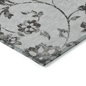 Photo of Gray Charcoal And Silver Floral Washable Indoor Outdoor Area Rug