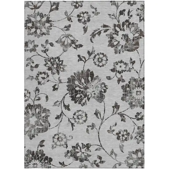 Gray Charcoal And Silver Floral Washable Indoor Outdoor Area Rug Photo 7