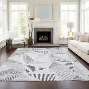 Photo of Gray Charcoal And Silver Geometric Washable Indoor Outdoor Area Rug