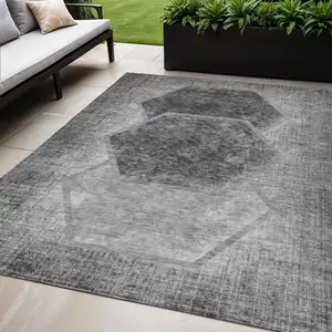 Photo of Gray Charcoal And Silver Geometric Washable Indoor Outdoor Area Rug