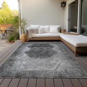 Photo of Gray Charcoal And Silver Geometric Washable Indoor Outdoor Area Rug