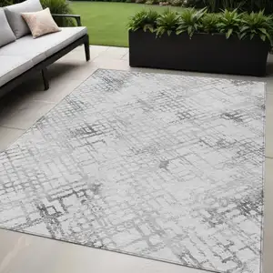 Photo of Gray Charcoal And Silver Geometric Washable Indoor Outdoor Area Rug