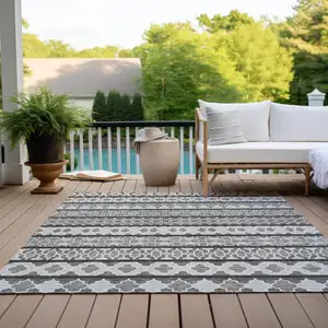 Photo of Gray Charcoal And Silver Quatrefoil Washable Indoor Outdoor Area Rug