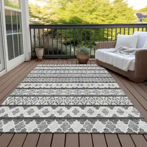 Photo of Gray Charcoal And Silver Quatrefoil Washable Indoor Outdoor Area Rug