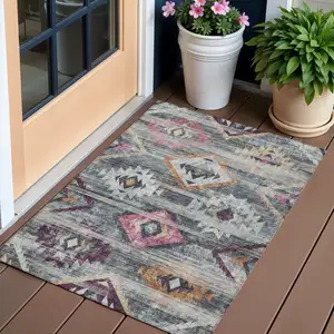 Photo of Gray Charcoal And Silver Southwestern Washable Indoor Outdoor Area Rug