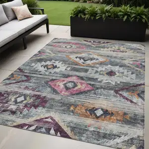 Photo of Gray Charcoal And Silver Southwestern Washable Indoor Outdoor Area Rug