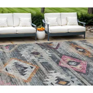 Photo of Gray Charcoal And Silver Southwestern Washable Indoor Outdoor Area Rug