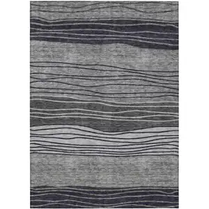 Photo of Gray Charcoal And Silver Striped Washable Indoor Outdoor Area Rug