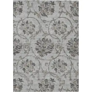 Photo of Gray Charcoal And Taupe Floral Washable Indoor Outdoor Area Rug