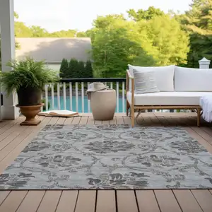 Photo of Gray Charcoal And Taupe Floral Washable Indoor Outdoor Area Rug