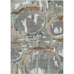 Photo of Gray Copper And Mint Green Geometric Washable Indoor Outdoor Area Rug