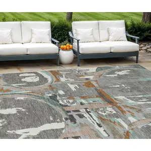 Photo of Gray Copper And Mint Green Geometric Washable Indoor Outdoor Area Rug