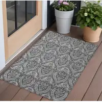 Photo of Gray Damask Washable Non Skid Indoor Outdoor Area Rug