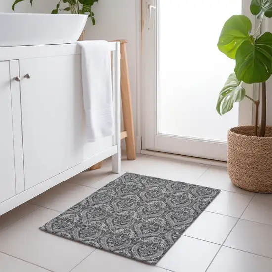 Gray Damask Washable Non Skid Indoor Outdoor Area Rug Photo 9