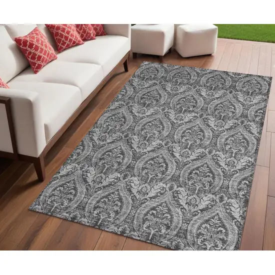 Gray Damask Washable Non Skid Indoor Outdoor Area Rug Photo 1