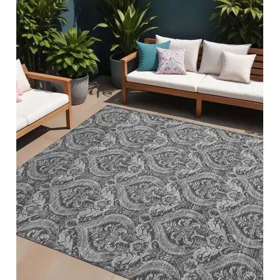 Gray Damask Washable Non Skid Indoor Outdoor Area Rug Photo 1