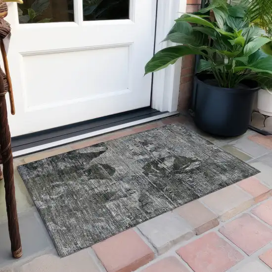 Gray Dark Green and Black Floral Washable Non Skid Indoor Outdoor Area Rug Photo 8