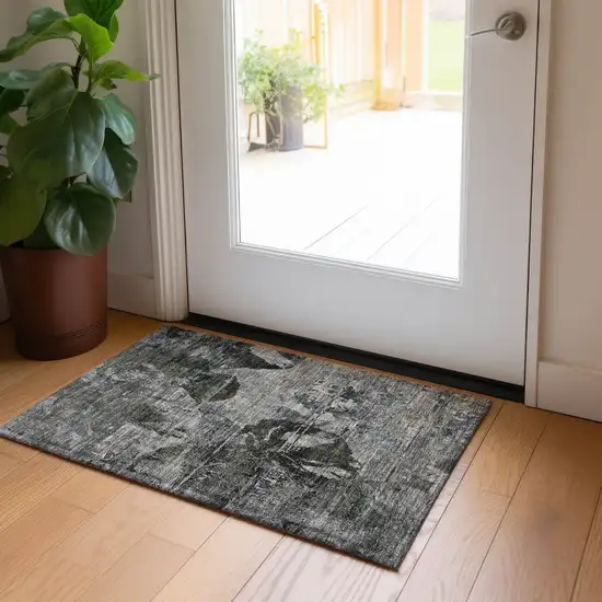 Gray Dark Green and Black Floral Washable Non Skid Indoor Outdoor Area Rug Photo 9