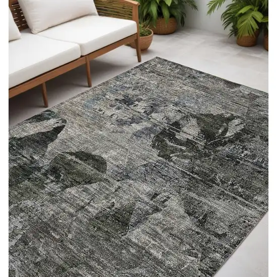 Gray Dark Green and Black Floral Washable Non Skid Indoor Outdoor Area Rug Photo 1