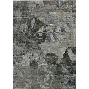 Photo of Gray Dark Green and Black Floral Washable Non Skid Indoor Outdoor Area Rug