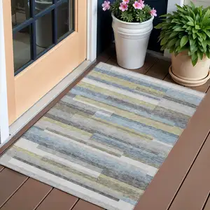 Photo of Gray Denim Blue And Sky Blue Striped Washable Indoor Outdoor Area Rug