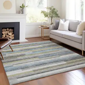 Photo of Gray Denim Blue And Sky Blue Striped Washable Indoor Outdoor Area Rug