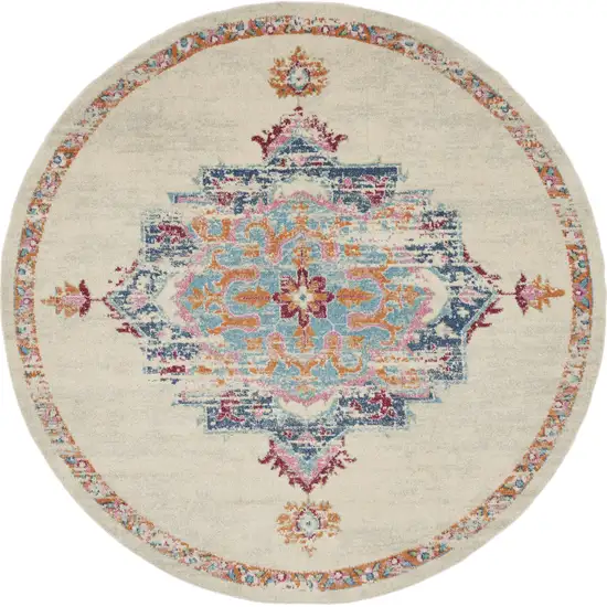 8' Gray And Ivory Medallion Distressed Round Rug Photo 3