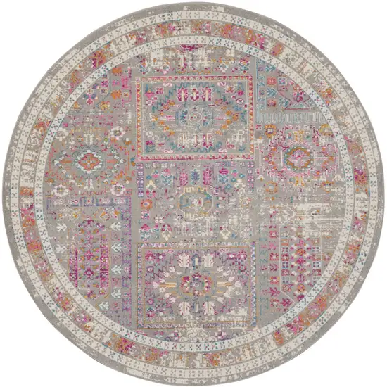 8' Pink And Gray Round Abstract Power Loom Area Rug Photo 9