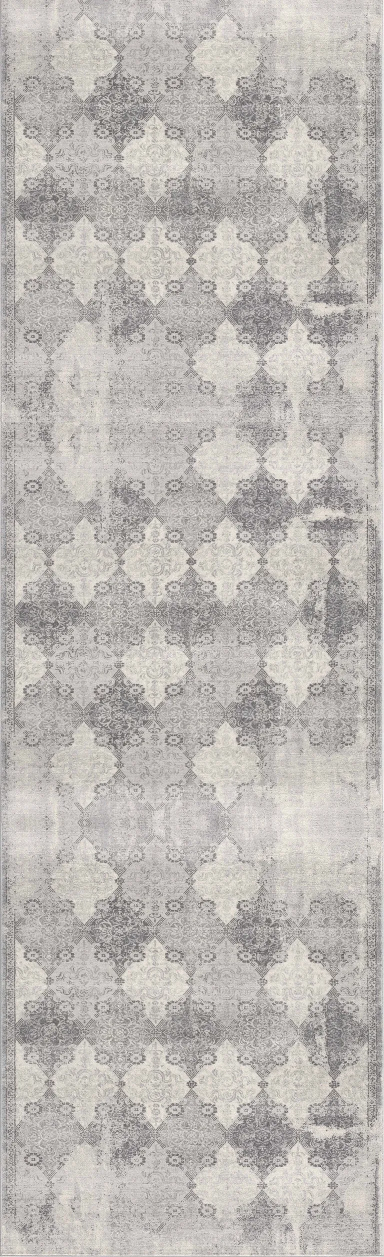 Gray Distressed Trellis Pattern Runner Rug Photo 2