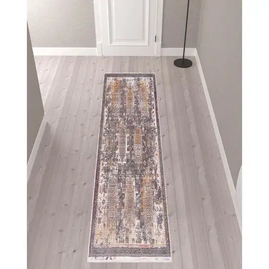 Gray Faded Tribal Motifs Runner Rug Photo 4