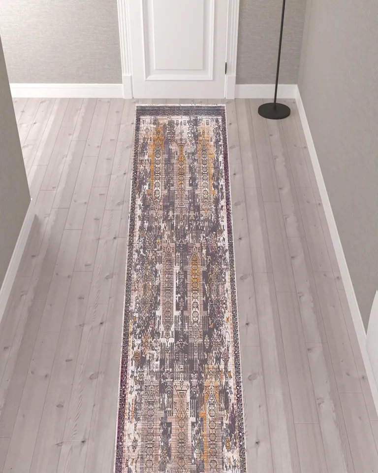 Gray Faded Tribal Motifs Runner Rug Photo 4