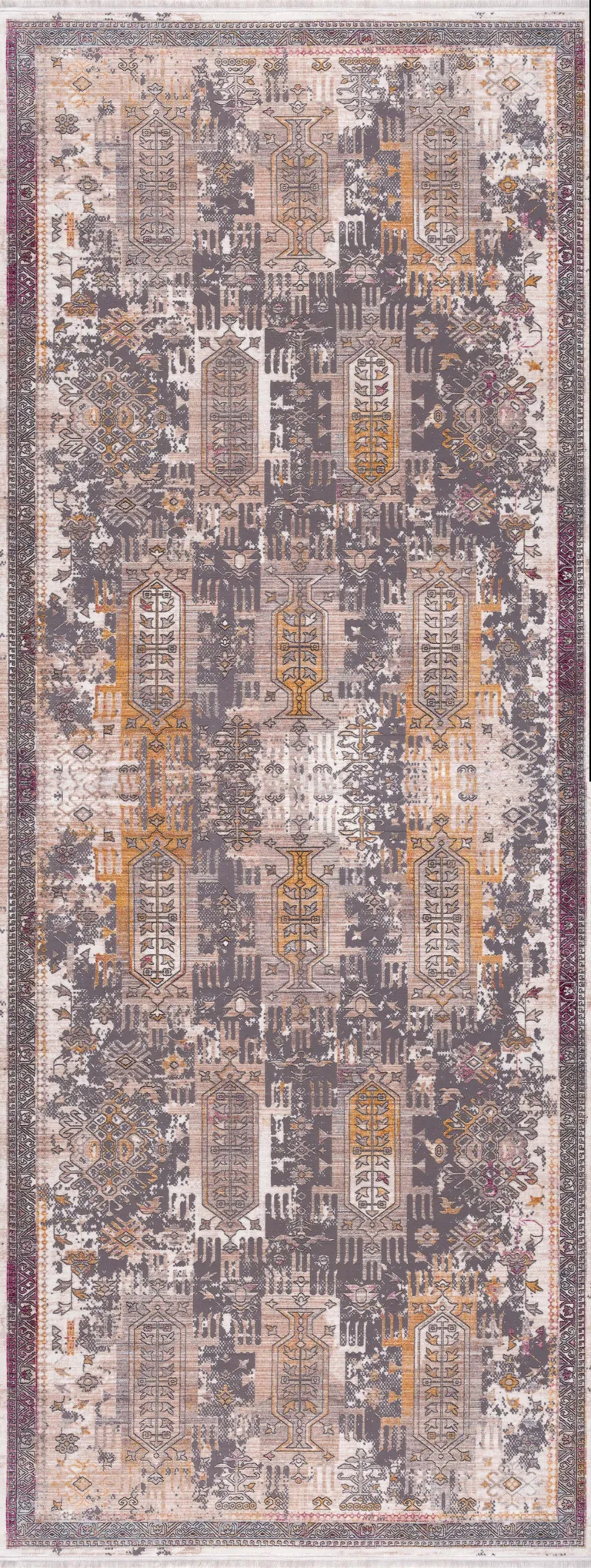 Gray Faded Tribal Motifs Runner Rug Photo 5