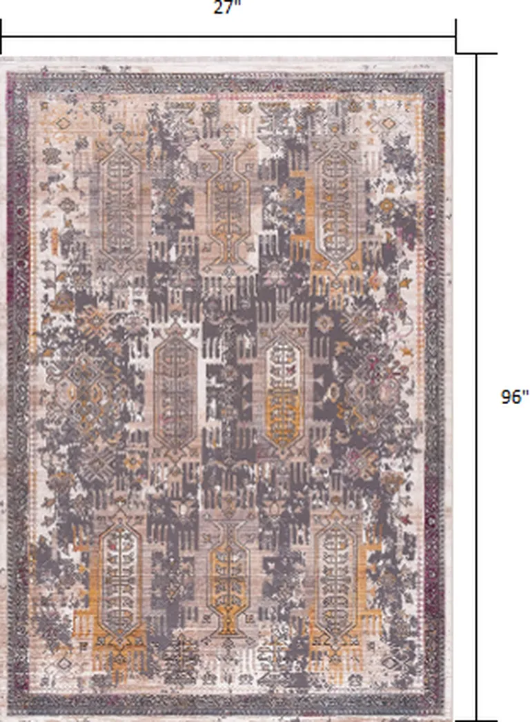 Gray Faded Tribal Motifs Runner Rug Photo 2