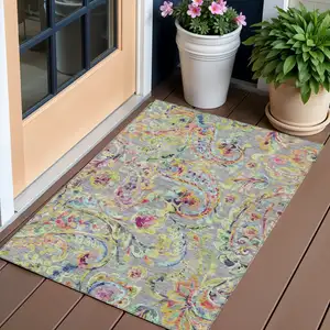 Photo of Gray Fern Green And Artichoke Green Paisley Washable Indoor Outdoor Area Rug