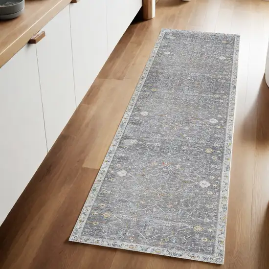 Gray Floral Distressed Runner Rug Photo 1