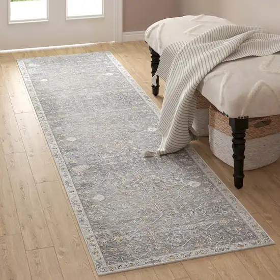 Gray Floral Distressed Runner Rug Photo 4