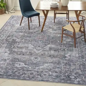 Photo of Gray Floral Power Loom Distressed Washable Area Rug