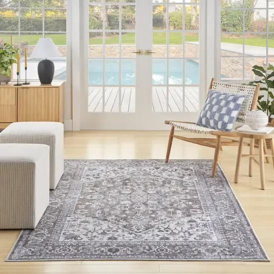 Gray Floral Power Loom Distressed Washable Area Rug Photo 8