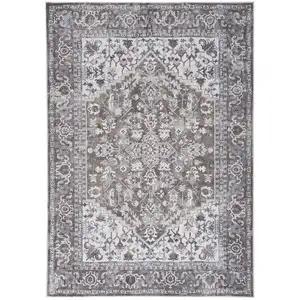 Photo of Gray Floral Power Loom Distressed Washable Area Rug