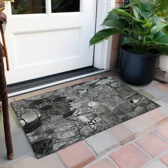 Gray Floral Washable Non Skid Indoor Outdoor Area Rug Photo 6