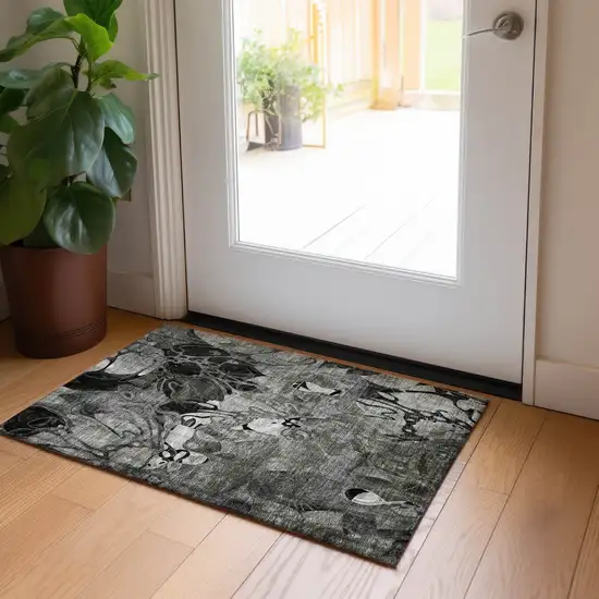 Gray Floral Washable Non Skid Indoor Outdoor Area Rug Photo 7